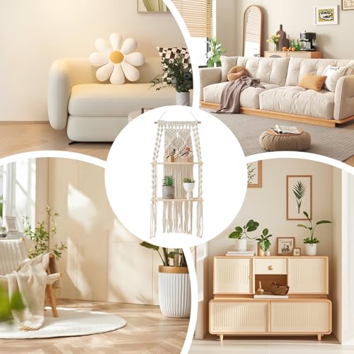 Étagère suspendue macramé bois boho tapisserie murale pour rangement plante et livre
