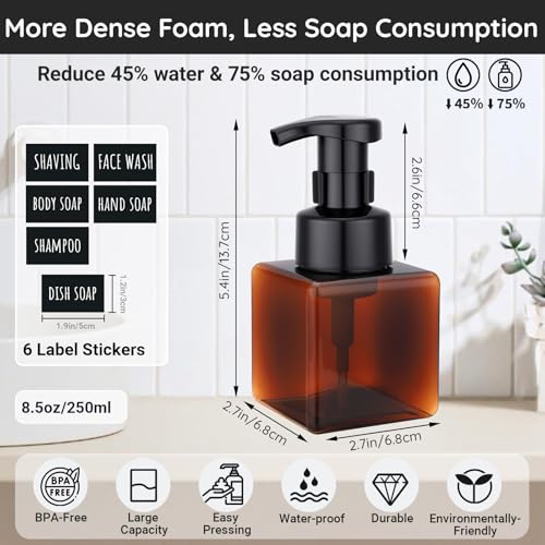 Image of Segbeauty 8.5oz Foam Amber Soap Dispenser Set, 2pcs Refillable Foaming Shampoo Bottle with Pump, 250ml Square Bathroom Body Wash Bottles Foamer with Labels, Small Plastic Liquid Soap Dispenser Kitchen