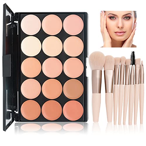 WishesMar Paleta de Corrector Maquillaje 15 Colores Camuflaje Concealer Crema con 9 Piezas Brocha de Maquillaje Adecuado para Uso Profesional y Diario #B