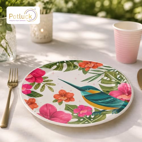 Image of Potluck Floral Humming Disposable Paper Plates, 9 Inch Food Grade Tableware for Parties, Events, Snacks & Meal Serving Pack
