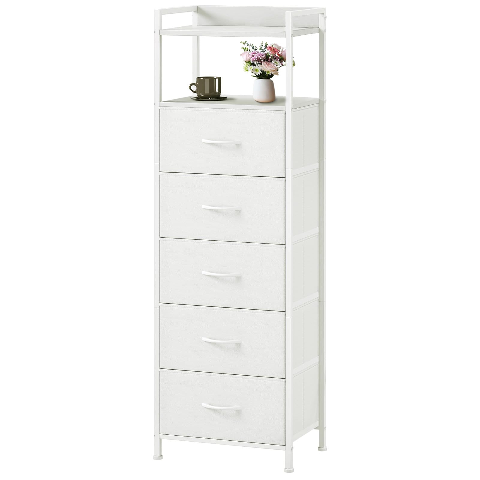Somdot Tall Chest of Drawers for Bedroom with 5 Drawers, Storage Unit with Fabric Drawers for Closet Bedside Dorm Kids Nursery Laundry Living Room Entryway Hallway, White Leather
