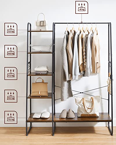 VASAGLE KleiderstÄnder, GarderobenstÄnder, 45 x 120 x 160 cm Garderobe mit Kleiderstange, Schuhablage, offener Kleiderschrank, 6 abnehmbare Haken, Schlafzimmer, Flur, vintagebraun-schwarz RGR116B01
