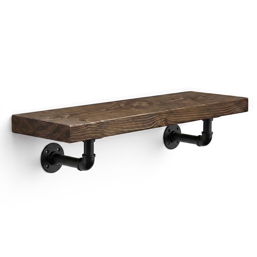 MKGT Handcrafted Rustic Wooden Floating Shelf with Industrial Pipe Brackets – 22cm Deep Solid Pine Wall Shelf, 45mm Thick, Made in the UK, Includes Fixings (Walnut, 140cm)
