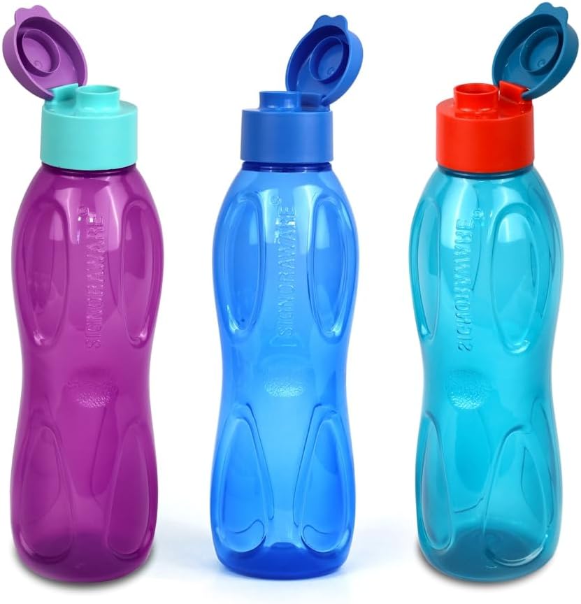 SignoraWare Fliptop BPA Free Plastic Aqua Water Bottle | Airtight & Leakproof | Lightweight | Best for Gym, office & Travel use | Kids & Adult Use (1 Ltr x 3 | Set of 3 | Multicolour)