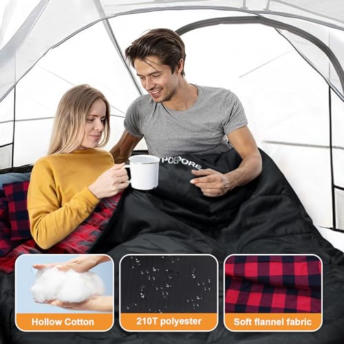 Image of Double Sleeping Bag Flannel for Adults with 2 Pillows 2 Person Sleeping Bags Camping XXL Queen Size Two Person Sleeping Bag for Cold Weather