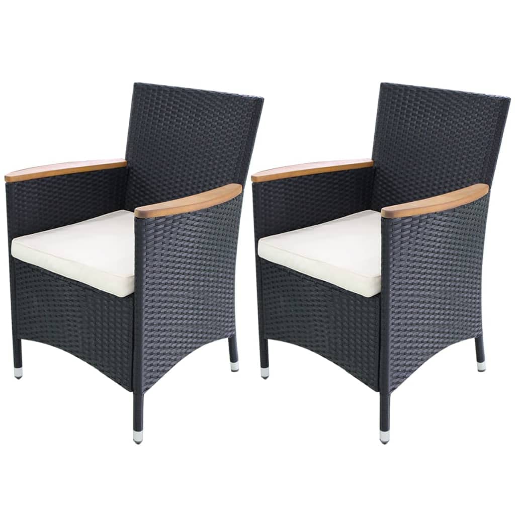 Fauteuil de jardin rotin synthétique noir avec coussin et accoudoir bois lot de 2 chaises extérieurs