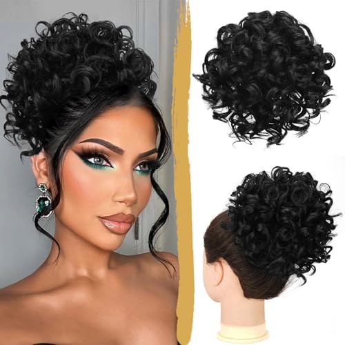 PEACOCO Messy Bun Short Curly Ponytail Extension Elastic Drawstring Loose Hair Bun Hair Pieces for Women with Thinning Hair High Temperature Synthetic Fiber Hair Bun Extension 80g, Natural Black