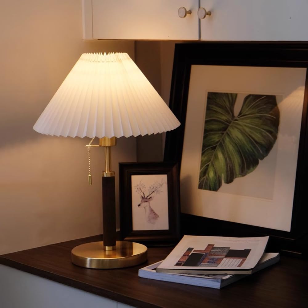 Jadssox Stoff-Tischlampe, Moderne Nachttischleuchte mit Zugkettenschalter, Goldfarbene Tisch-Nachttischlampe, Akzentlampe, E27-Säulen-Tischlampe, Büro, Schreibtisch, Leselampe, Arbeitsbeleuchtung