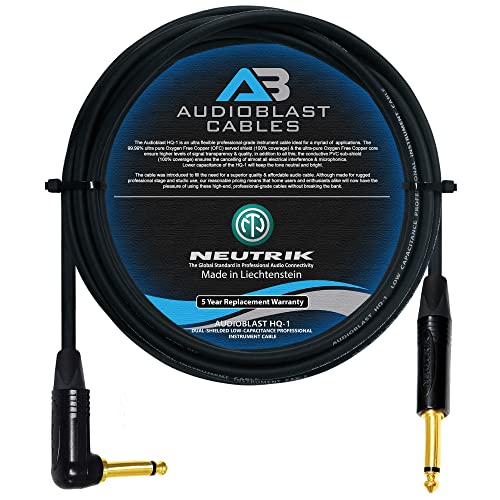 15 Foot - Audioblast HQ-1 - Ultra Flexible - Dual Shielded (100%) â€“ Guitar Bass Instrument Cable w/Neutrik NP2RX-B Angled & NP2X-B Straight Â¼ Inch (6.35mm) TS Plugs