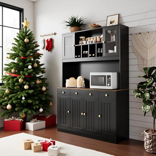 Image of Oxirth 71" Tall 4-Door Kitchen Pantry Cabinet with Built-in Power Outlet- Freestanding Storage Hutch, Large Microwave Cabinet, Modern Farmhouse Design (Black)