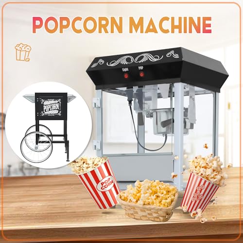 Image of Popcorn Machine with Cart & Wheels - Popcorn Maker Machine with 6OZ Stainless Steel Kettle, Pop corn Machine Maker for Home, Parties, Movie Theater, Black