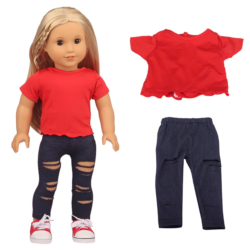 DUORUIMI Summer Doll Clothes Simple Casual T-shirt Top Ripped Jeans Pants for American Girl Doll 18 inch โ image 1
