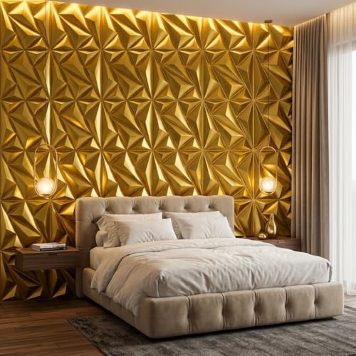 Image of Kayra Decor Luxury 3D PVC Wall Panels - Alps Pattern, Gold Finish | 19.7 inch x 19.7 inch | Pack of 12 | Covers 32.28 Sq. Ft. | Stylish Wall Cladding for Home & Office Interiors