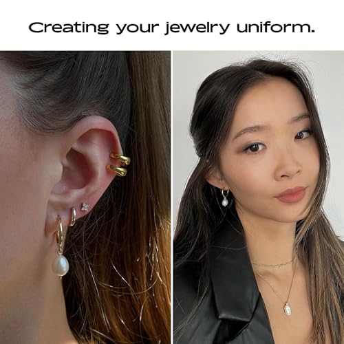 Image of Ana Luisa Frida Pearl Jewelry Huggie Hoops - Medium & Small 14K Gold Plated & Silver Rhodium Plated Drop Hoop Earrings with Freshwater Pearls - 2-in-1 Hypoallergenic Water-Resistant, Tarnish-Free Hoop
