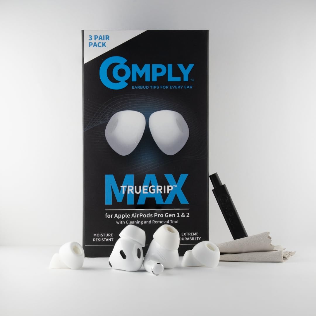 Comply TrueGrip MAX | Premium Memory Foam Replacement Earplugs for Apple AirPods Pro (1 & 2 Generation) | SmartSkin™ Technology | White, Size M, 3 Pairs