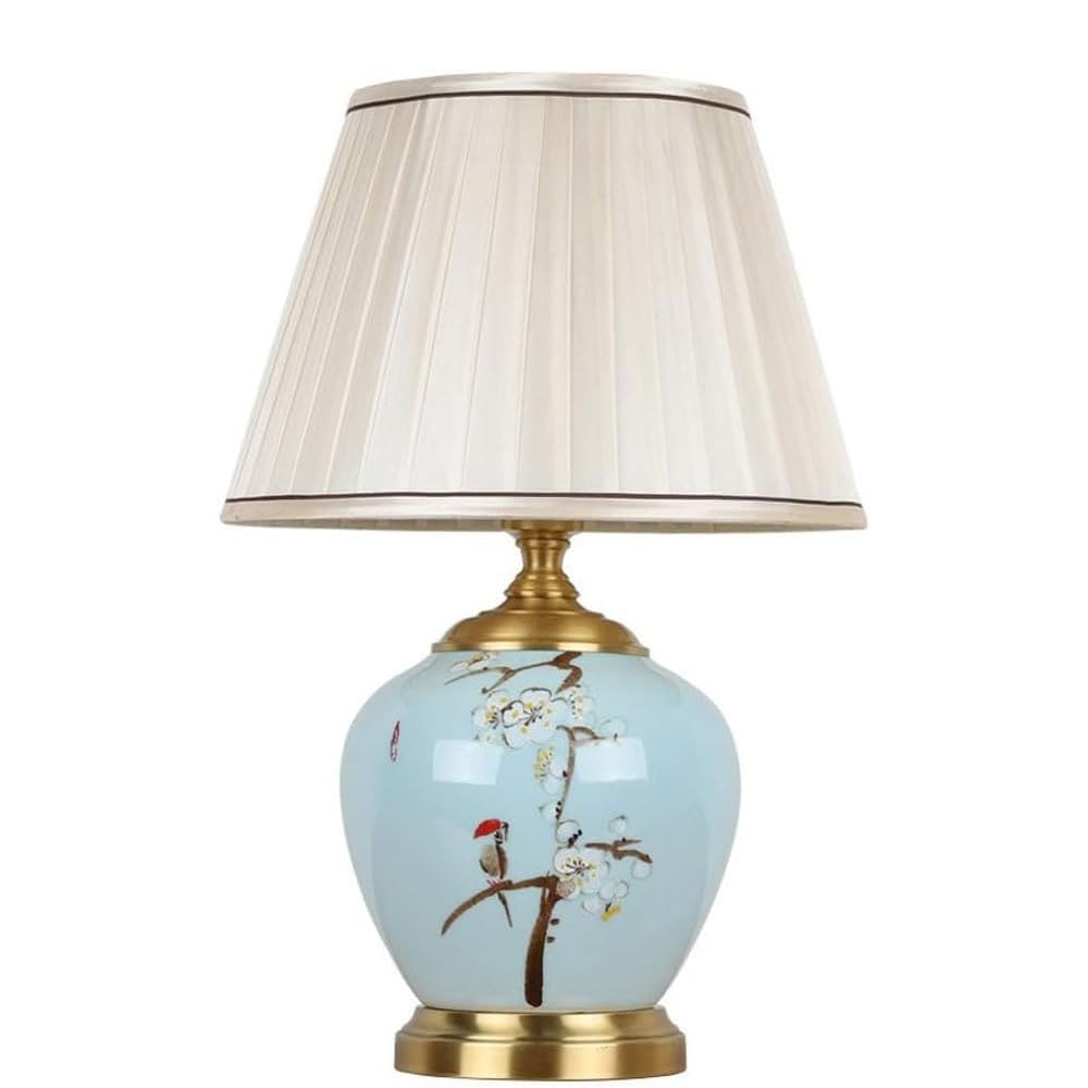SANBDDLYY Hand-Painted Ceramic Table Lamp Fabric Shade - E26 Indoor Lighting for Bedroom, Living Room, and Study(Blue)