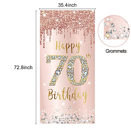 Image of 70th Birthday Door Banner Decorations for Women, Pink Rose Gold Happy 70th Birthday Door Cover Backdrop Party Supplies, Large Seventy Year Old Birthday Poster Sign Decor