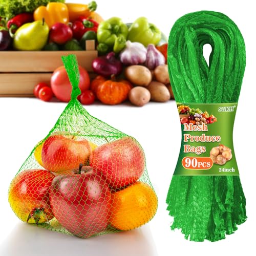 Sukh 90PCS Mesh Produce Bags - 24Inch Mesh Vegetable Bags Onion Storage Net Produce Seafood Net for vegetables Storage Fruits Seafood and Other Agricultural Products Green