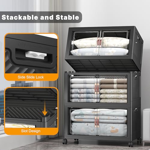 Image of UAMFURI 504QT Lockable Storage Bins with Lids - Stackable Storage Cabinet with Doors and Wheels, Collapsible Plastic Organizer and Containers forBedroom Dorm Office Garage, 3 Pack Cubes