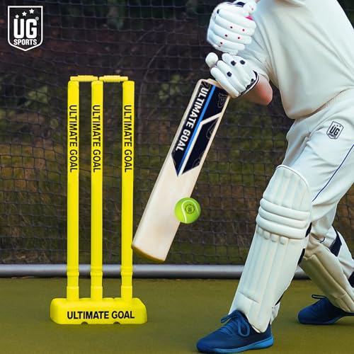 Image of UG Sports Strong Plastic Cricket Stumps Set with Base & Bails | Durable, Portable & Ideal Wickets for Practice, Match, and Training (Yellow)
