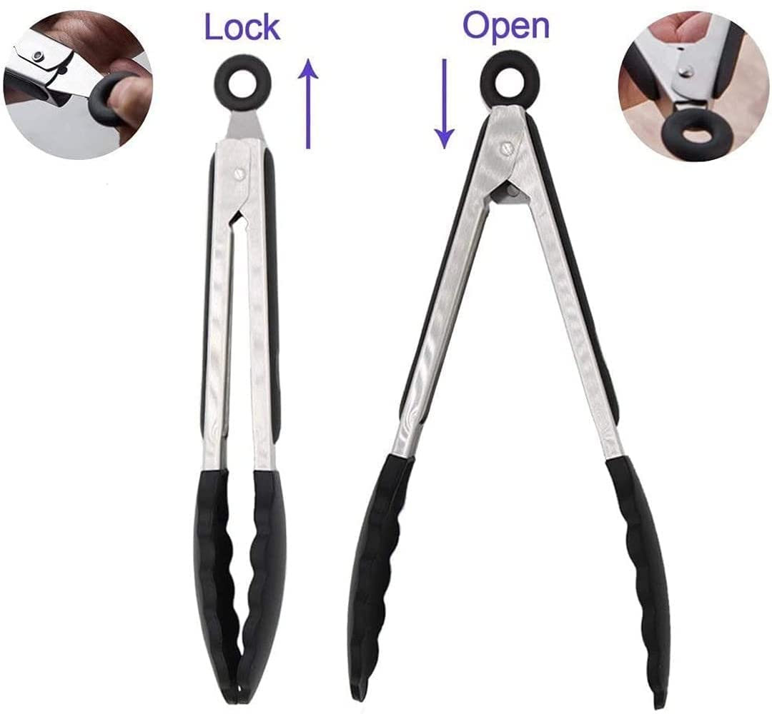 Lot de 2 Pinces de Cuisine Noires en Silicone de qualité supérieure sans BPA antiadhésives en Acier Inoxydable pour Barbecue, Cuisson, grillades, Pinces Alimentaires verrouillables