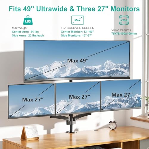 Image of WALI 4 Monitor Mount for 13-49 inch Ultrawides on Top Bracket and 27 inch Screens on Lower Brackets, Heavy Duty Arm Extra Tall Quad Monitor Stand, up to 44 lbs (GSDM004S-P), Black