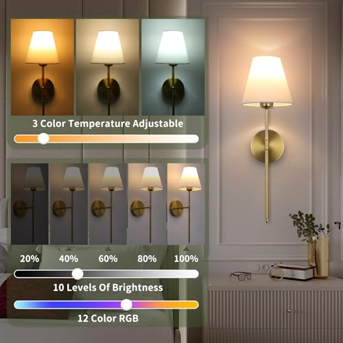 Image of Battery Operated Wall Sconce Set of 2, 15 Colors Wireless Wall Light With Dimmable Remote Control Last 18-50 Hours, Gold Rechargeable Wall Lamp With White Fabric Shade For Living Room Bedroom Hallway