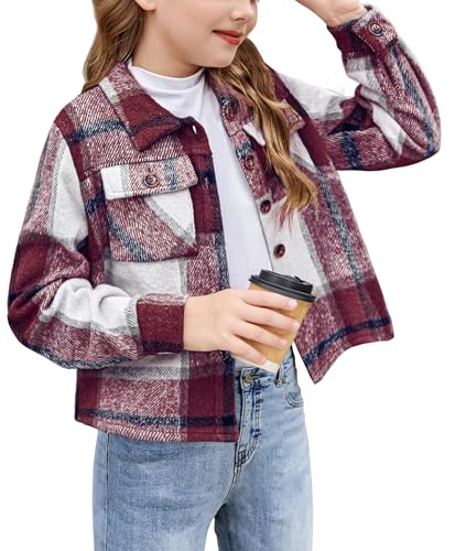 Arshiner Girls Flannel Fall Winter Cropped Shacket Plaid Jacket Casual Long Sleeve Button Down Fashion Coat