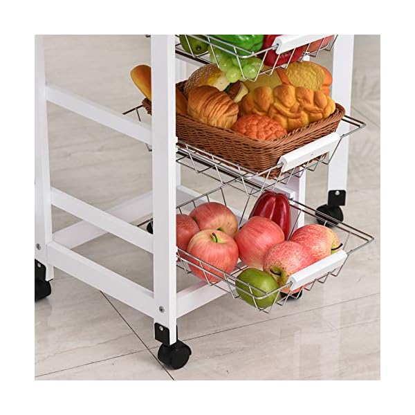 HOMCOM Drop-Leaf Kitchen Cart Trolley w/ 3 Baskets Drawer Surface Top 6 Universal Wheels Rolling Storage Unit Kitchen Home Dining Island White Oak Tone - Image 8