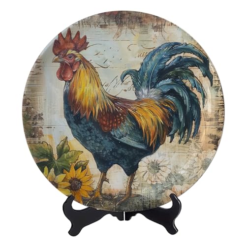 Oksinity Farmhouse Sunflower Rooster Decorative Plate Wall Hanging Abstract Paint Ornament Display Plate for Living Room, Bedroom, Hallway Console Side Table Decor - 8 Inches
