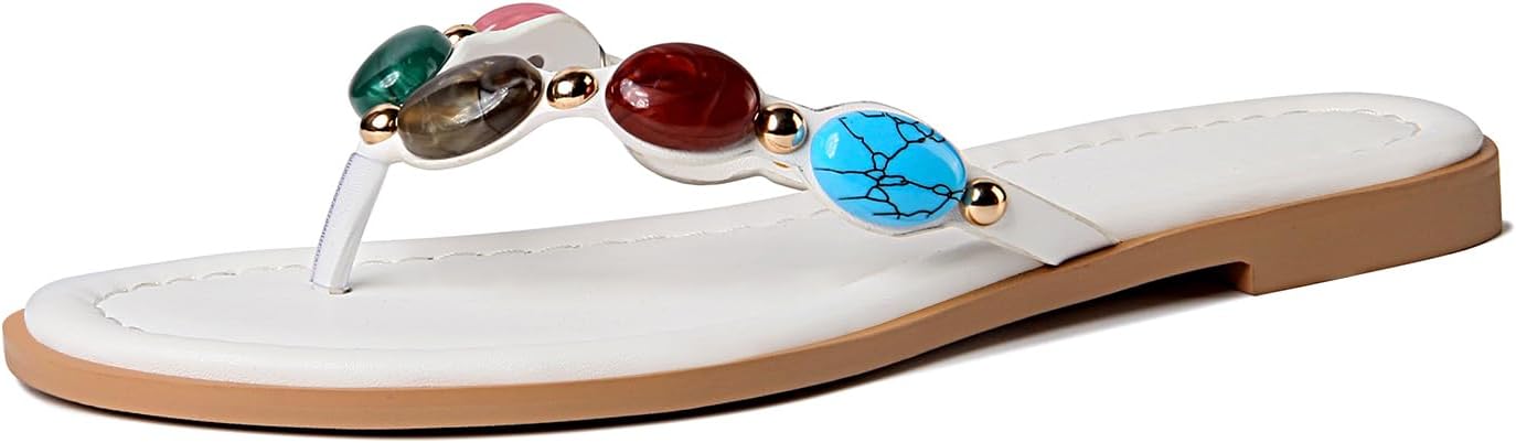 Jewelled Thong Sandal for Women Open Round Toe Flip Flops Comfy Slip on Flats Sandals Casual Summer Beach Slippers