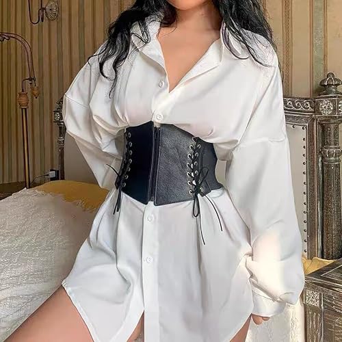 Women Lace-up Wide PU Leather Waist Belt Elastic Band Stretch Corset Belt3