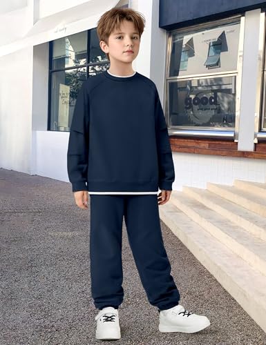 KANGKANG Boys Clothes Size 10-12 Youth, Teen Clothes Two Piece Round Neck Long Sleeve Sweatshirt Pullover Top and Sweatpants with Pocket Fall Winter Outfits Set2