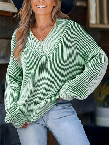 Image of CUPSHE Womens Sweaters Oversized Sweater Loose Fit Long Sleeve Sweater V Neck Striped Pullover Sweater Tops