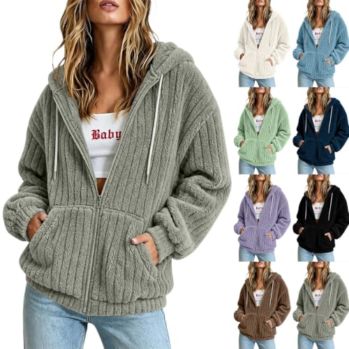XOGWVJ Fleece Jackets for Women Hooded Sherpa Zip Up Warm Coat Textured Casual Fall Winter Sweatshirts Outerwear with Pockets Womens Bed Jacket Gray S - image 1