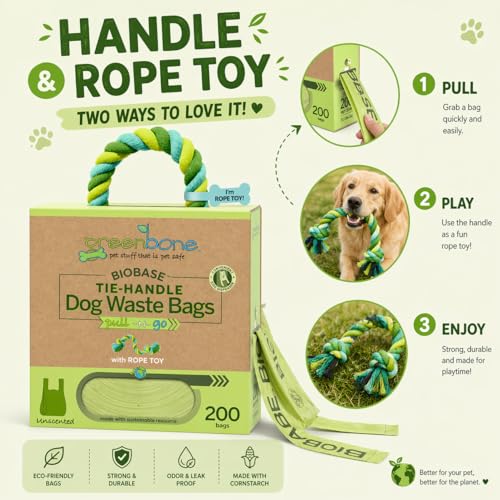 Image of Greenbone Poop Bags for Dogs with Handles Unscented with Bonus Rope Pet Toy, 200 Count on Single Roll, Plant Based