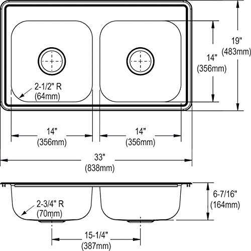 Image of Elkay Dayton 33 In. x 19 In. x 6-7 /16 In. Equal Double Bowl Drop-In Kitchen Sink, Stainless Steel - 1 Each