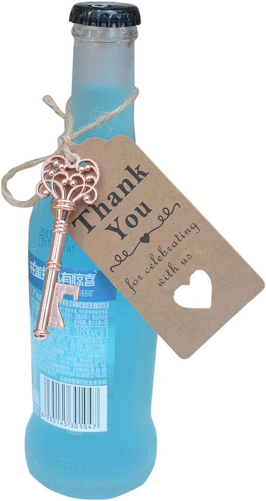 50pcs Rose Gold Skeleton Key Beer Bottle Opener With 100 Pcs Thank You Card and 98 Feet Hemp Rope for Wedding Party Favors