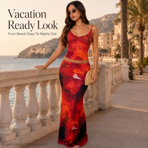 Image of Two Piece Skirt Set Women Maxi Long Skirt and Top Outfit | Soft stretchy 5 pc, slim bodycon, adjustable spaghetti straps, ruched crop tank, elastic waist, going out, beach vacation