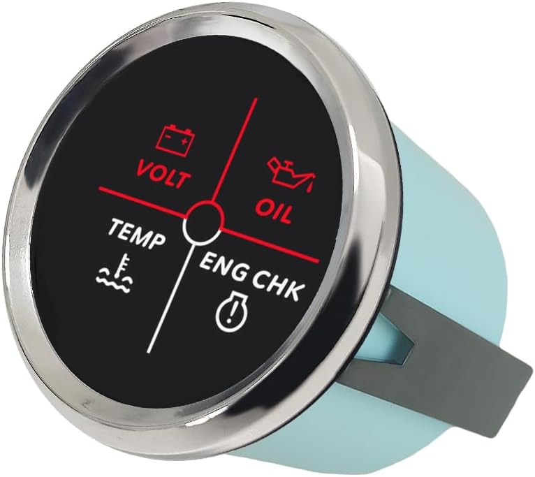 ELING 52mm 4LED Engine Alarm Gauge Meter 9-32V with Red Backlight for Car Trucks (Black+Stainless Steel)