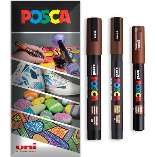 Posca - Rotulador permanente a base de agua, multiuso en superficies, PC-1M, PC-3M, PC-5M, paquete de 3 bolígrafos en cartera (marrón)