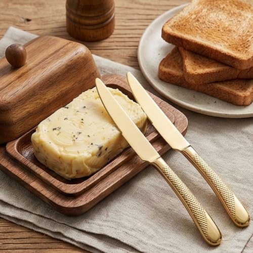 Image of Aurum Gold French Style Silverware | 5-Piece Hammered Dinner Knife Set with 2-in-1 Serrated Steak Knife | Stainless Steel Flatware | Elegant Cutlery for Home, Restaurants & Gifting