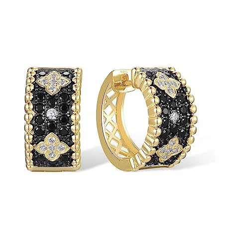 Santuzza Sterling Silver Gemstone Flower Shape Gold Plating Earrings Black Spinel Cubic Zirconia Hoop Earrings for Women Cover