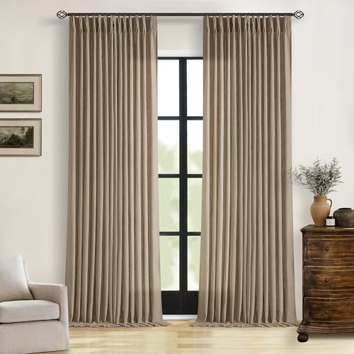 Image of TWODRAPES 98 Inch Tan Brown Linen Curtains for Living Room Pinch Pleated Drape with Hooks Rings for Track System Light Filtering 98 Inch Curtain for Bedroom Sliding Patio Door 2 Panels Latte