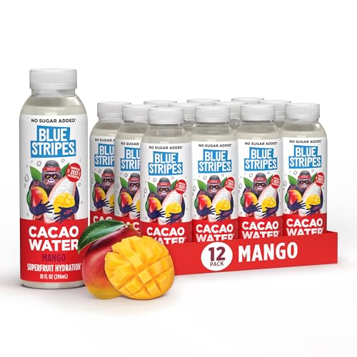 Image of Blue Stripes Mango Cacao Water - Hydration Drink with Natural Electrolytes & Antioxidants | Cold Pressed Cacao Juice, Mango Juice & Water | No Sugar Added, Plant Based, Non GMO | 10 Fl Oz (12 Pack)