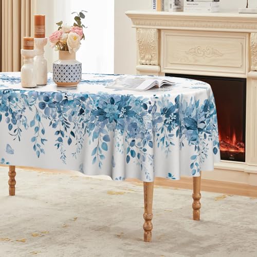 Image of Horaldaily Spring Tablecloth 60 x 84 Inch Oval Eucalyptus Floral Blue | Washable Table Cover for Party Picnic Dinner Decor