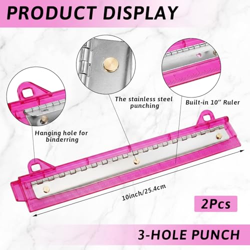 Image of 2 Pcs 3 Hole Puncher for Binder Portable 3 Hole Puncher for Ring Binders with 10 inch Ruler 5 Sheets Capacity for Office and School Supplies (Rose-red)