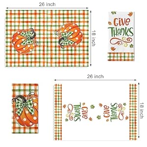 Seliem thanksgiving give thanks pumpkin kitchen dish towels set of 2 fall buffalo plaid check bow hand towels drying baking cooking cloth autumn maple leaves farmhouse home kitchen decor 18×26 inch  urban country home decor