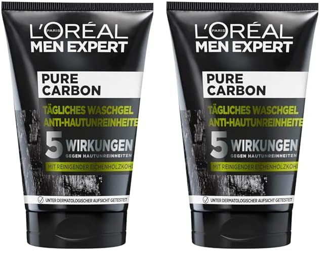 L'Oréal Paris Men Expert Waschgel für das Gesicht, Unreine Haut, Gesichtsreinigung für Männer, Pure Carbon Waschgel Anti-Hautunreinheiten, 1 x 100 ml (Packung mit 2)
