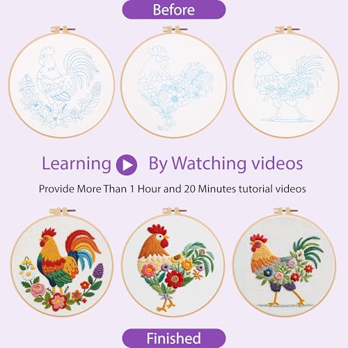 Image of Uniartfy 3 Pack Funny Rooster and Flower Embroidery Kits for Beginners, Animal Cross Stitch Kit for Adults, DIY Needlepoint with Stamped Pattern, Embroidery Hoop, Tools, Colorful Threads, Instructions